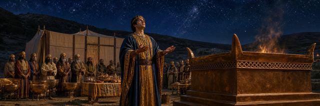 Solomon praying before the bronze altar and tabernacle at Gibeon beneath a starry sky